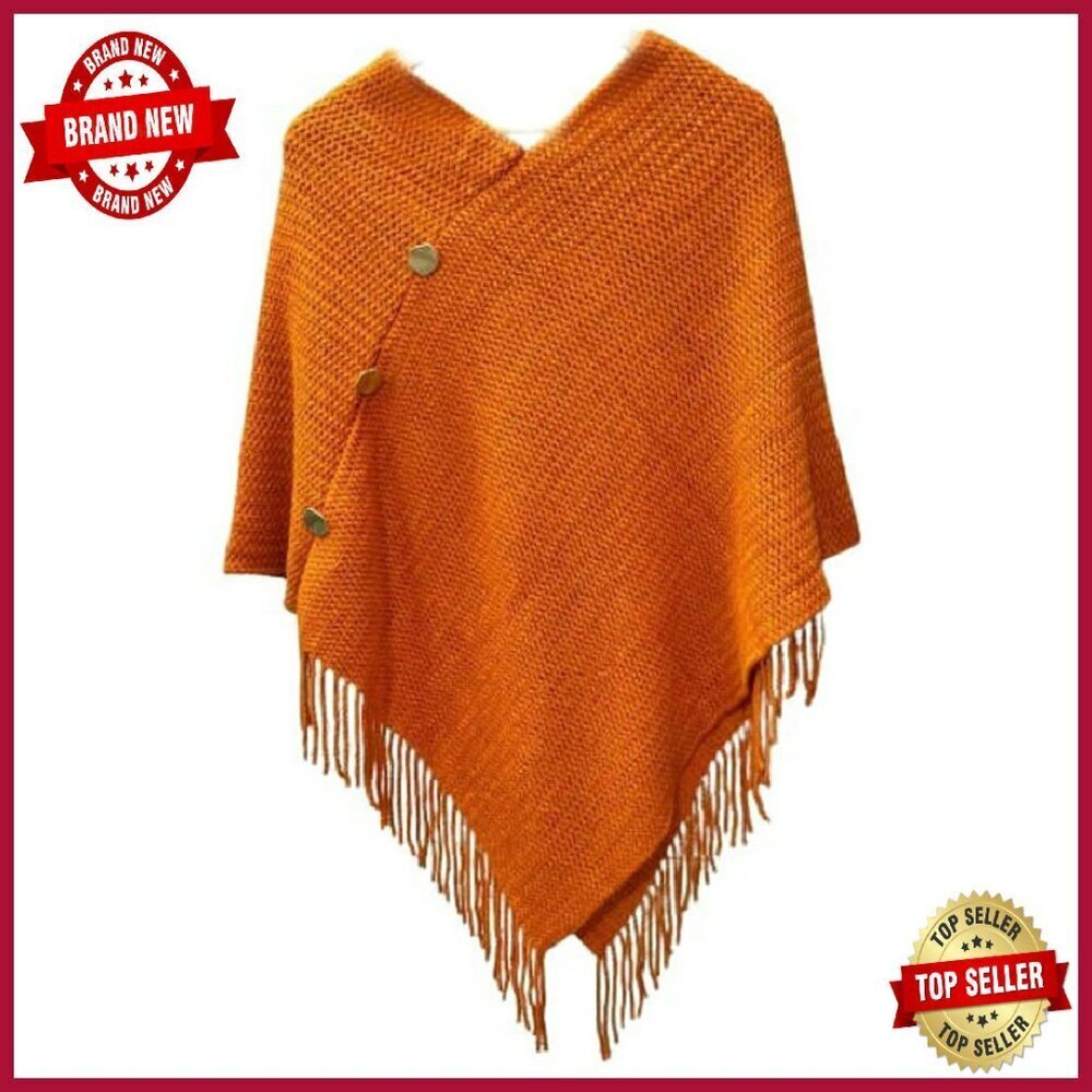 Cozy Knitted Poncho Sweater V-Neck Button Pullover Cape Shawl Wrap